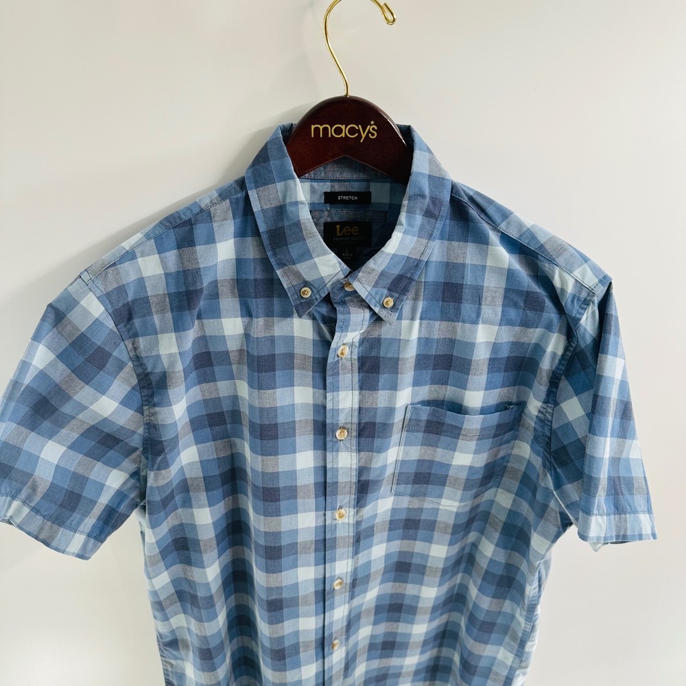Lee Premium Select‎ Stretch Blue Plaid Short Sleeve Button Down Shirt L